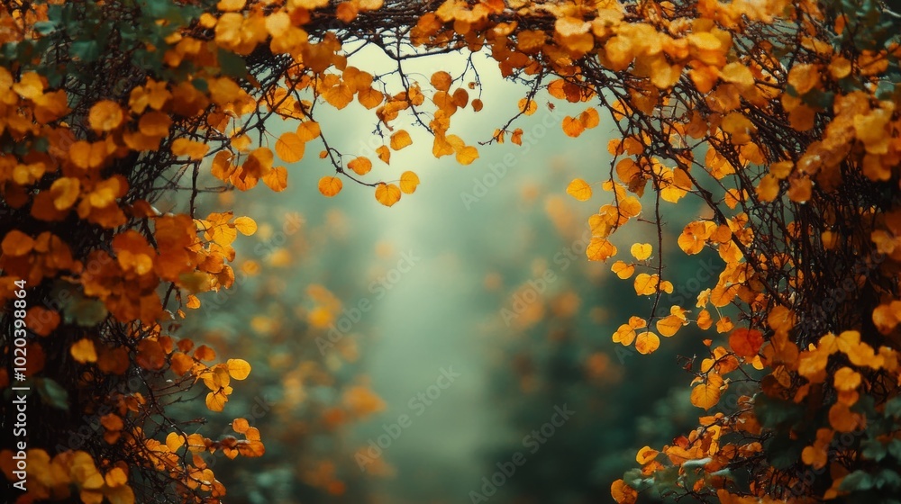 Golden Leaves Framing a Misty Forest Path Golden Leaves Framing a Misty Forest Path