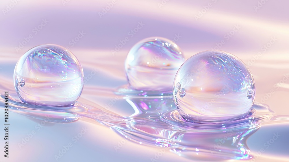 Floating Transparent Liquid like Spheres in Dreamy Pastel Environment Floating Transparent Liquid like Spheres in Dreamy Pastel Environment
