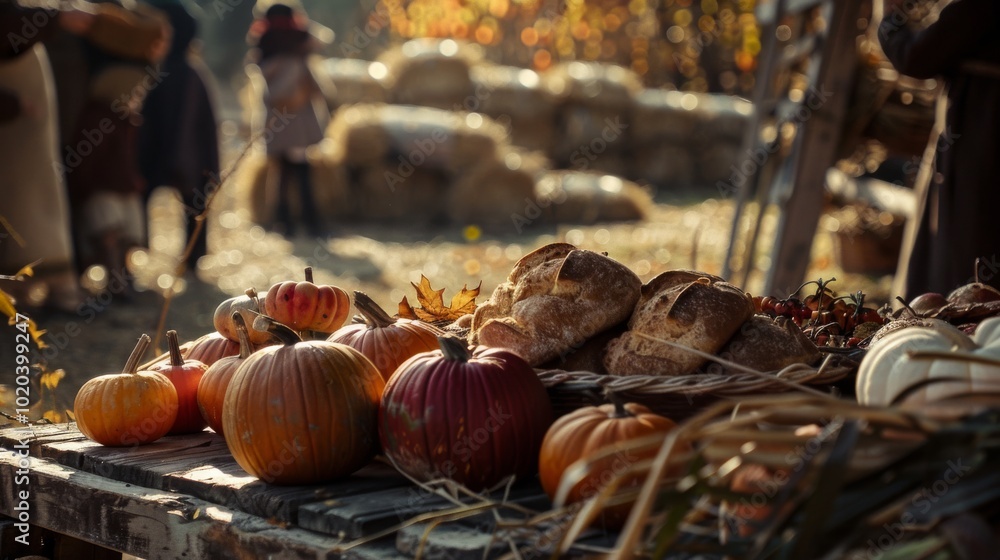 Autumn harvest festival tables laden with pumpkins, bread, and warm tones, painting a cozy, seasonal charm. Autumn harvest festival tables laden with pumpkins, bread, and warm tones, painting a cozy, seasonal charm.