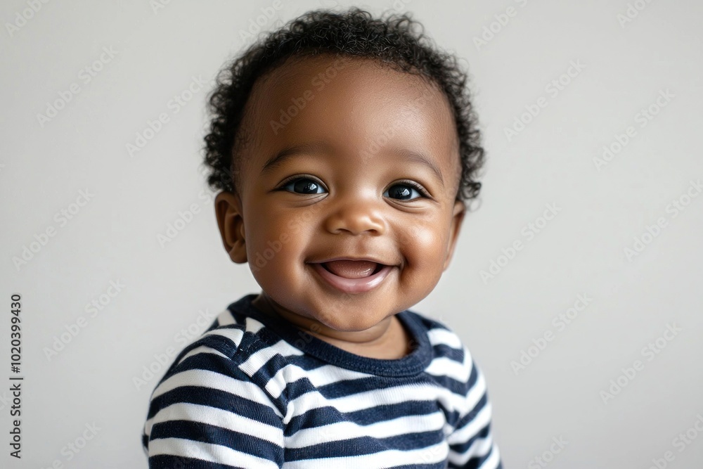 Smiling baby with striped shirt showing first teeth against white background Generative AI Smiling baby with striped shirt showing first teeth against white background Generative AI