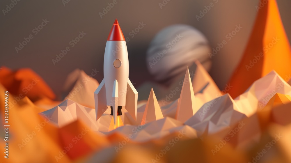 A toy rocket embarks on a journey through a jagged orange landscape with a softly illuminated planet in the background, creating a sense of wonder and exploration. A toy rocket embarks on a journey through a jagged orange landscape with a softly illuminated planet in the background, creating a sense of wonder and exploration.