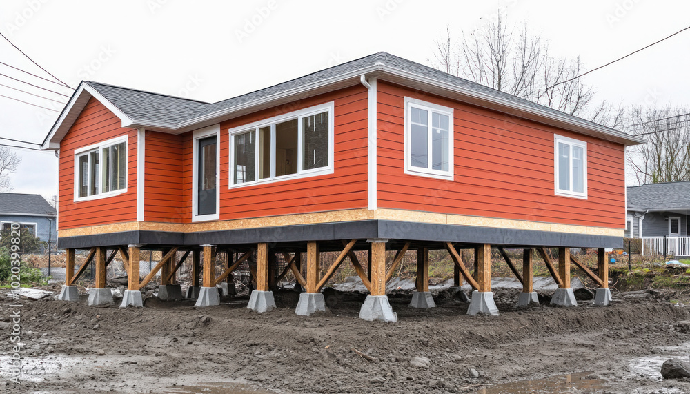 New home under construction sitting on concrete and wood pilings New home under construction sitting on concrete and wood pilings