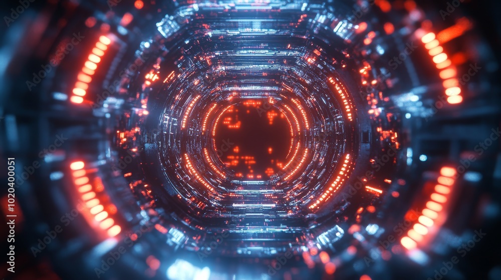 Fototapeta premium Abstract Neon Lights Tunnel With Red And Blue Glowing Lines