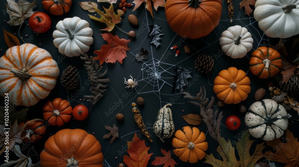 Vibrant autumn scene with pumpkins, leaves, and a central spider web, creating an enchanting seasonal display filled with texture and warmth. Vibrant autumn scene with pumpkins, leaves, and a central spider web, creating an enchanting seasonal display filled with texture and warmth.