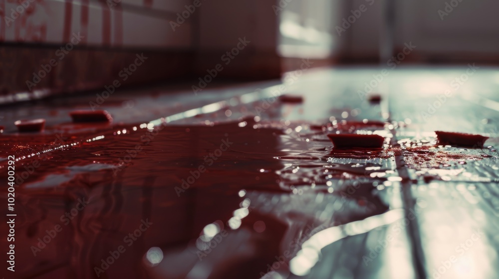 A dramatic, unsettling scene with stained red liquid on a wooden floor; the suspense and mystery invite interpretation. A dramatic, unsettling scene with stained red liquid on a wooden floor; the suspense and mystery invite interpretation.