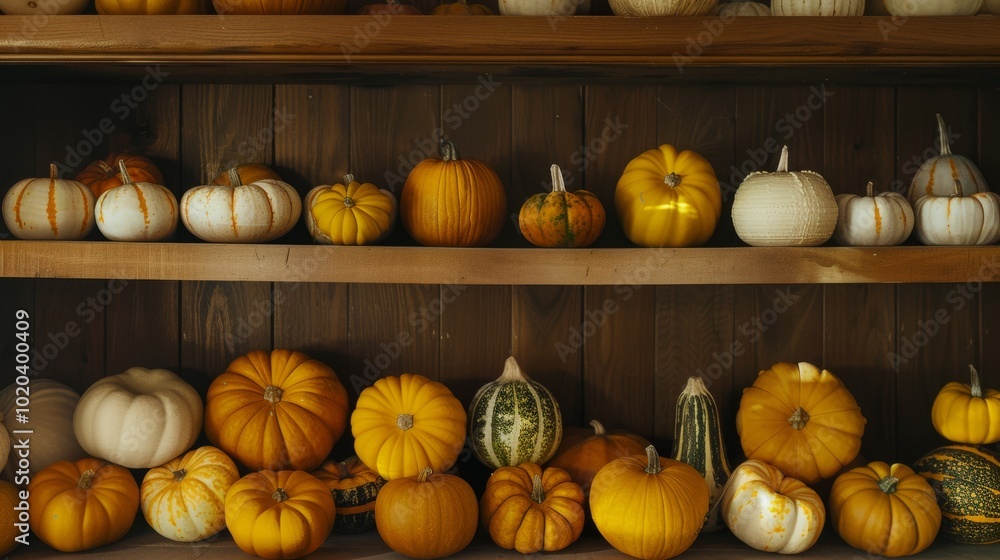 A vibrant display of pumpkins, in diverse shapes and sizes, is set against wooden shelves, celebrating autumn's harvest bounty. A vibrant display of pumpkins, in diverse shapes and sizes, is set against wooden shelves, celebrating autumn's harvest bounty.