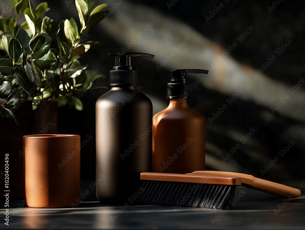 Two pump bottles, a ceramic cup, and a wooden brush on a wooden table with a plant in the background. Two pump bottles, a ceramic cup, and a wooden brush on a wooden table with a plant in the background.