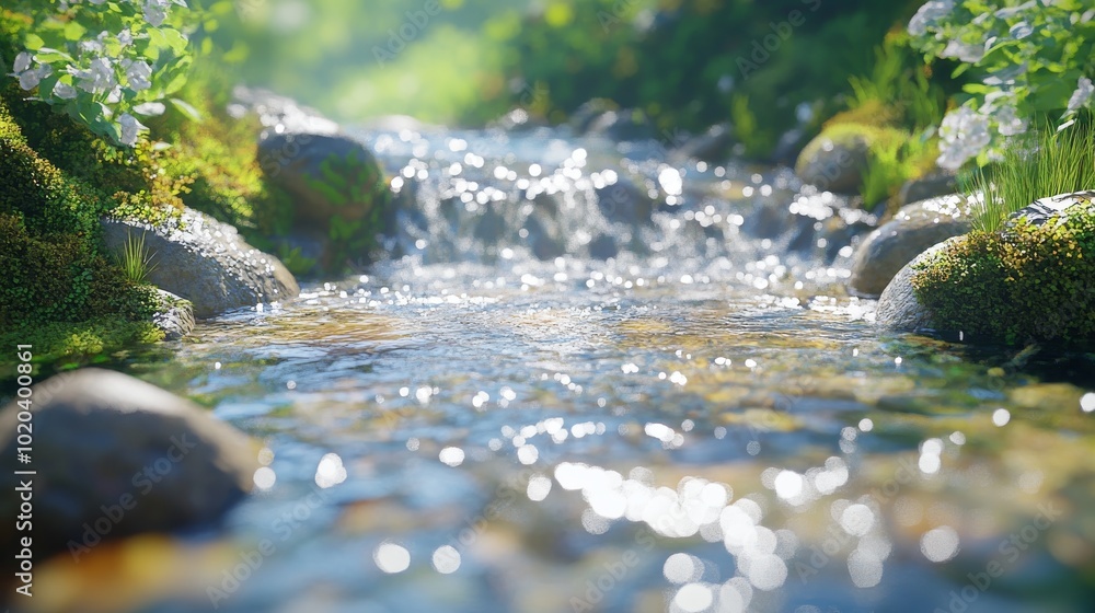 Sparkling Stream Flowing Through Lush Greenery Sparkling Stream Flowing Through Lush Greenery