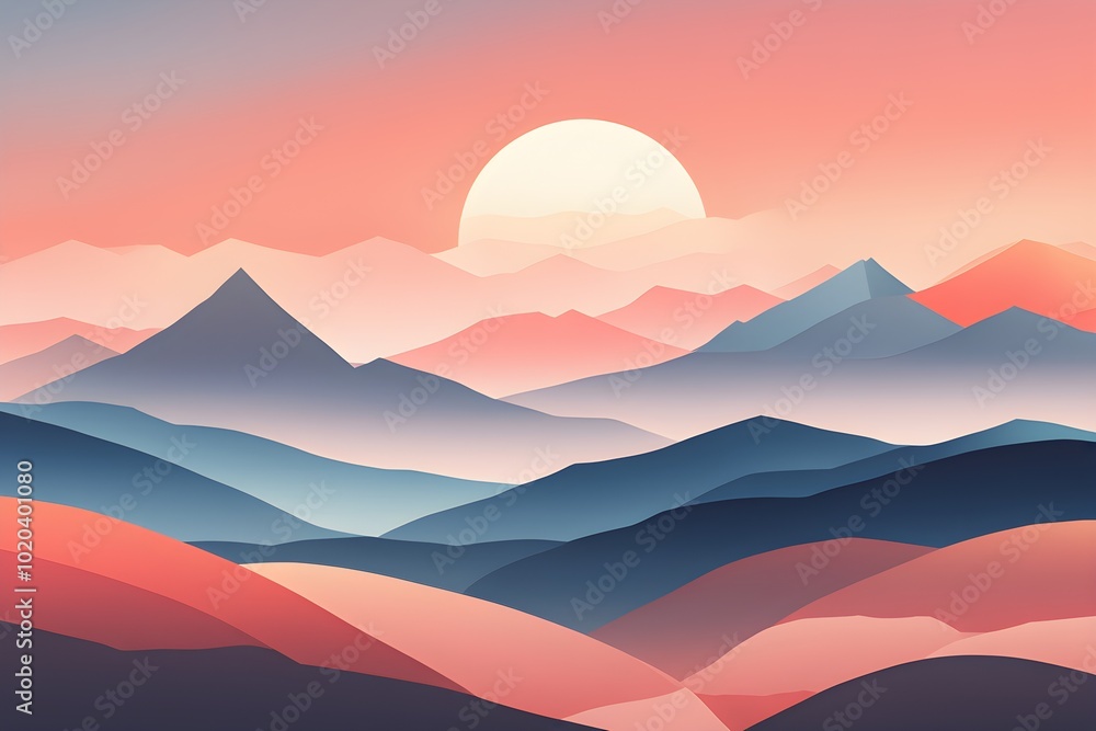 minimalist landscape with stylized mountains and a setting sun represented by simple geometric shapes in muted pastel tones minimalist landscape with stylized mountains and a setting sun represented by simple geometric shapes in muted pastel tones