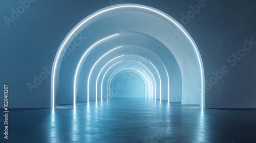 A Futuristic Corridor with Neon Lights and Arched Walls