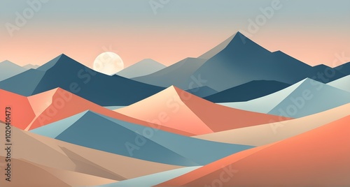 minimalist landscape with stylized mountains and a setting sun represented by simple geometric shapes in muted pastel tones