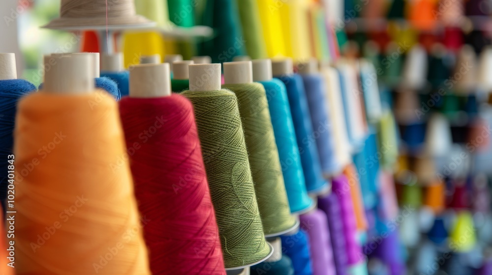 A vibrant display of thread spools in all the colors of the rainbow ...