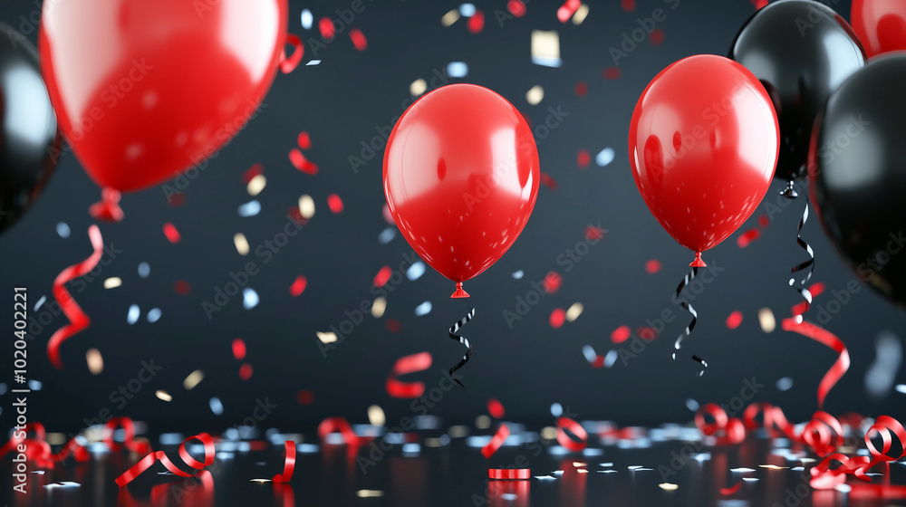 Red and Black Balloons with Colorful Confetti Create a Festive Party Atmosphere Red and Black Balloons with Colorful Confetti Create a Festive Party Atmosphere