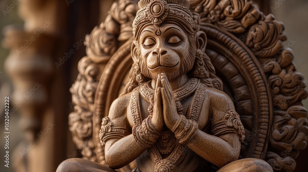 A hand-carved wooden sculpture of Lord Hanuman bowing in devotion, with intricate details on his attire and humble posture, made from teak wood, representing strength and humility A hand-carved wooden sculpture of Lord Hanuman bowing in devotion, with intricate details on his attire and humble posture, made from teak wood, representing strength and humility