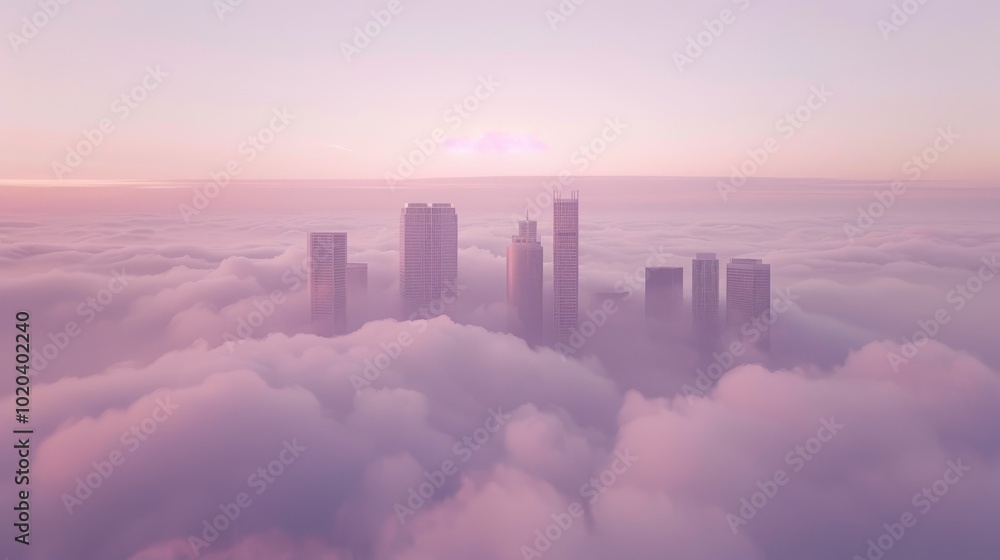 Fototapeta premium Skyscrapers emerge from a sea of clouds at dawn, creating a surreal and calm skyline, bathed in pastel hues of a waking city.