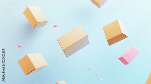 Cardboard box floating in the air with simple plain background minimalist look shows elegant design for courier work, delivery packages, services and shipping