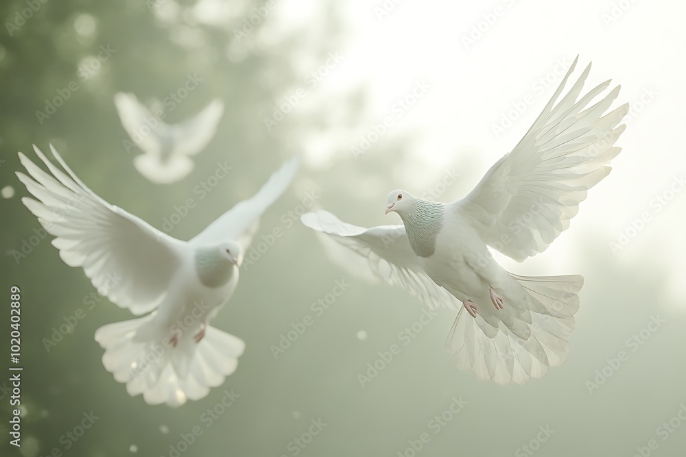 A serene scene of white doves in flight, capturing grace and tranquility in nature. A serene scene of white doves in flight, capturing grace and tranquility in nature.