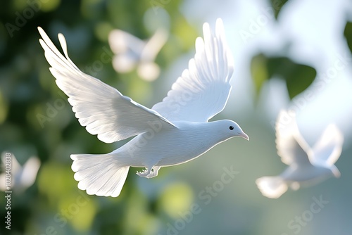 A serene scene of white doves in flight against a softly blurred natural background. photo