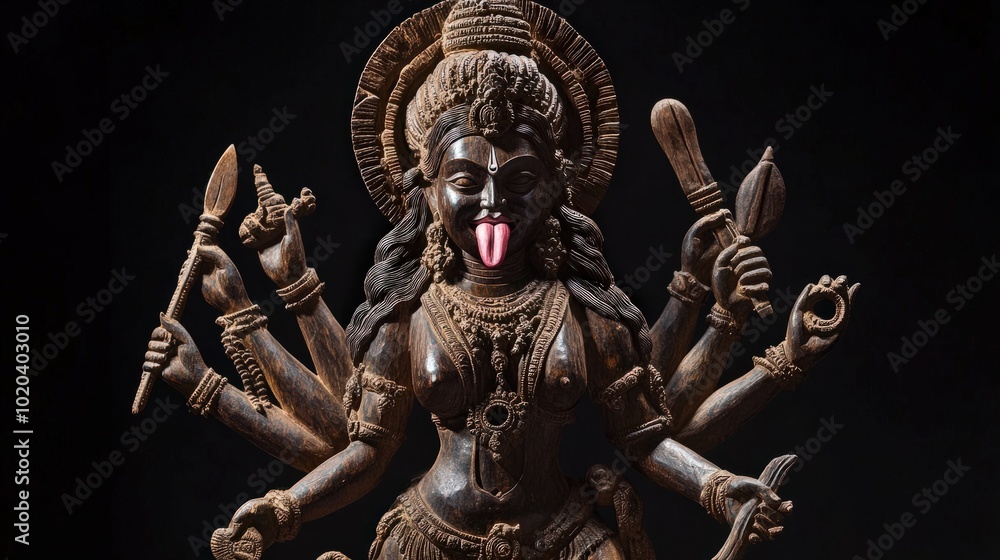 A fierce hand-carved wooden statue of Goddess Kali, standing with her tongue out and multiple arms holding weapons, carved from dark wood, symbolizing destruction and regeneration A fierce hand-carved wooden statue of Goddess Kali, standing with her tongue out and multiple arms holding weapons, carved from dark wood, symbolizing destruction and regeneration