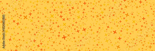 Cross marks. Yellow background of scattered plus shapes. Plus symbols in varying sizes and orange tones. Healthcare and medical design stock illustration.