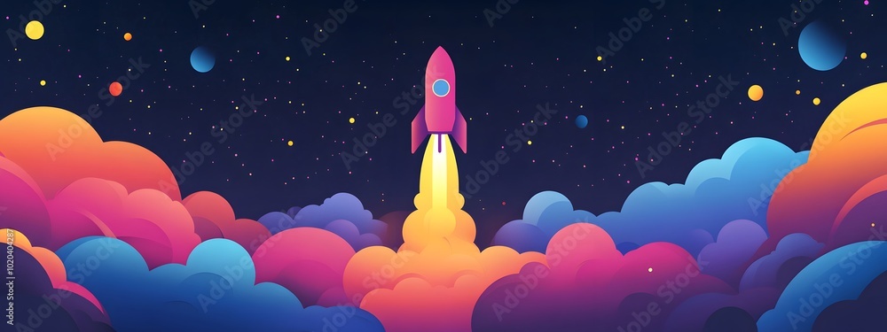 A pink rocket rises from colorful clouds, in a simple, flat illustration style with clean lines and vector graphics. A pink rocket rises from colorful clouds, in a simple, flat illustration style with clean lines and vector graphics.