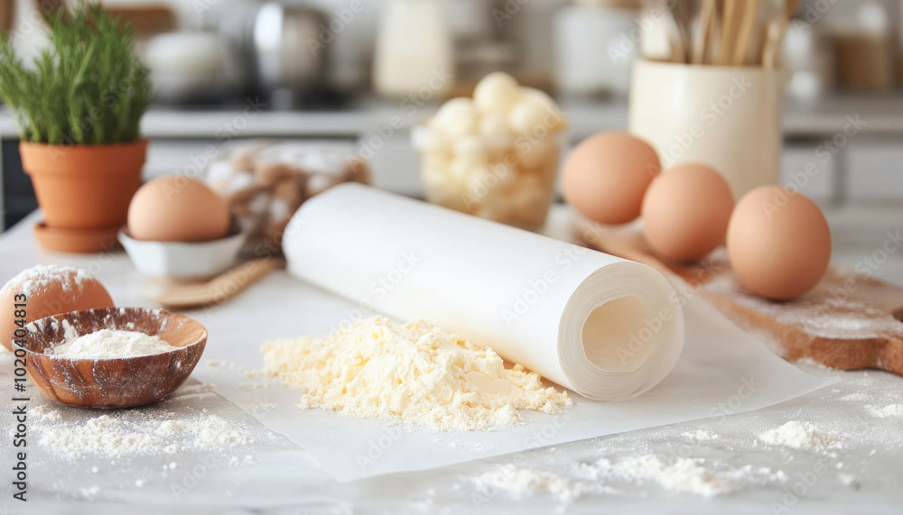 Baking paper resting on flour on a messy kitchen table with eggs and a rolling pin Baking paper resting on flour on a messy kitchen table with eggs and a rolling pin