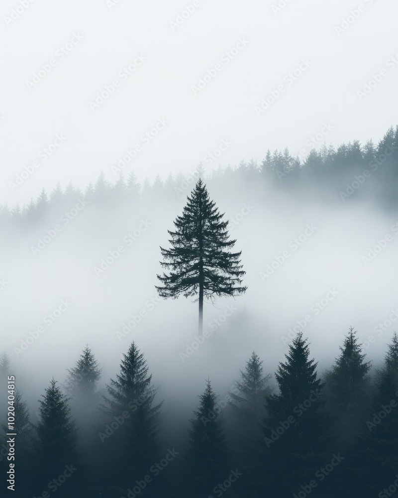 A minimalistic photograph of a single tree standing tall in the middle of a foggy forest, with soft light filtering through the mist, creating a serene and peaceful atmosphere A minimalistic photograph of a single tree standing tall in the middle of a foggy forest, with soft light filtering through the mist, creating a serene and peaceful atmosphere