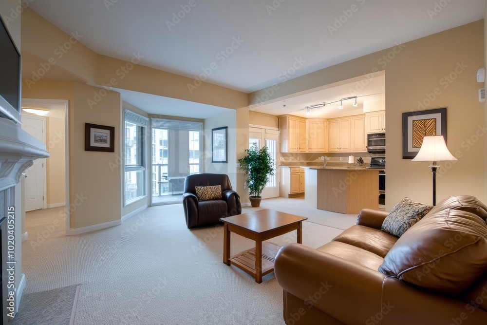Warm and Inviting Living Room with Brown Leather Sofa, Wooden Coffee Table, Armchair, and Floor Cushion Warm and Inviting Living Room with Brown Leather Sofa, Wooden Coffee Table, Armchair, and Floor Cushion