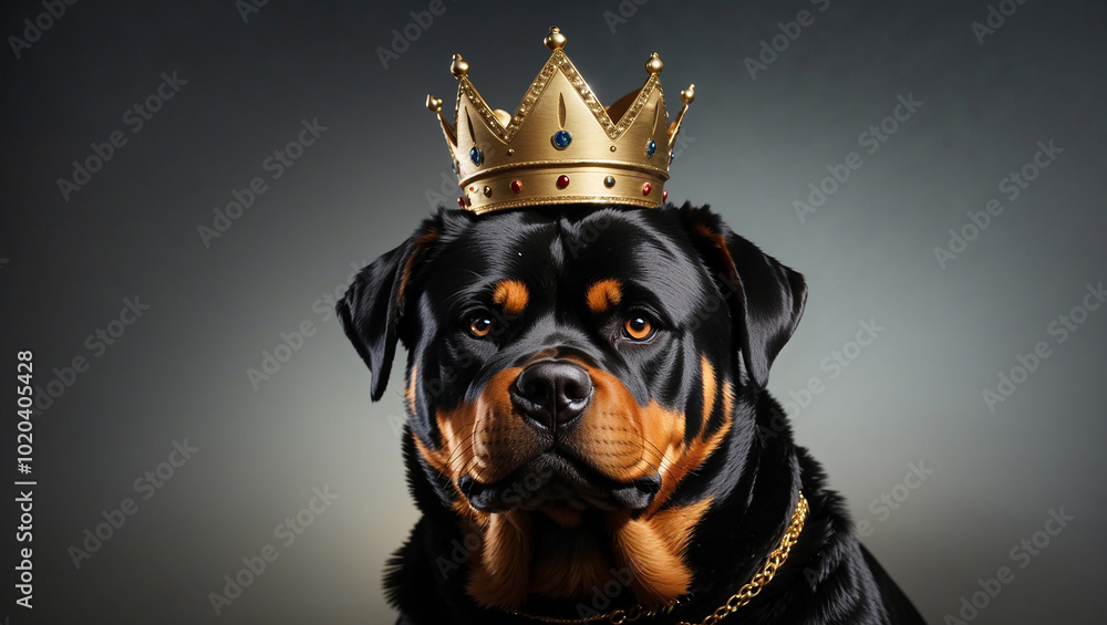 Obraz premium A black and tan Rottweiler dog wearing a gold crown.