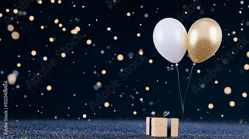 Elegant Gold Gift Box with Balloons Creates a Sparkling Celebration Atmosphere