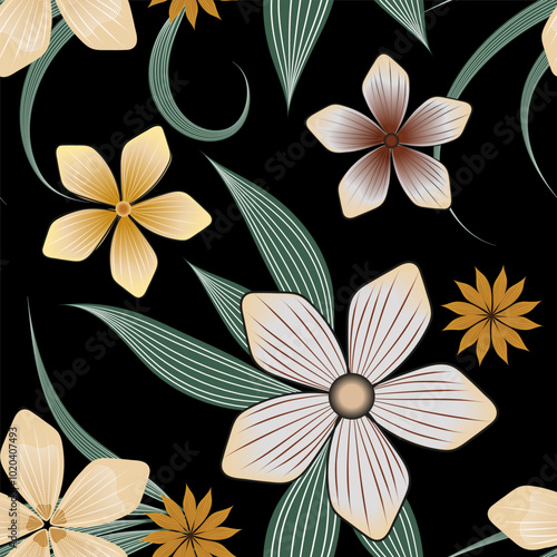 Vector floral beautiful pattern on black background, hand drawn colorful flowers and green leaves with light veins for design of fabric, paper, pillowcase, tablecloth