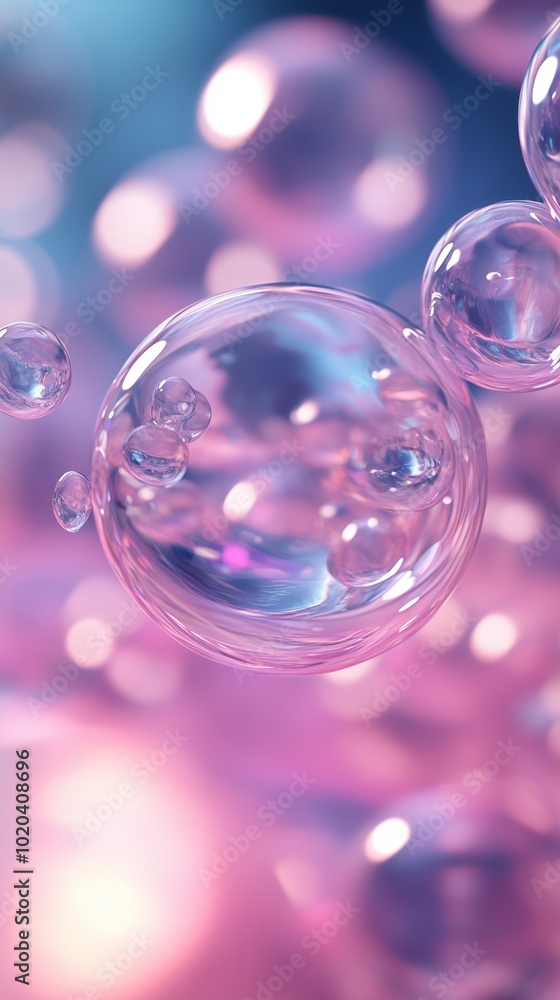 Colorful bubbles floating gracefully in a soft, dreamy background of blurred pink and blue hues Colorful bubbles floating gracefully in a soft, dreamy background of blurred pink and blue hues