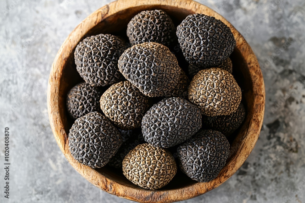 Fresh truffles in a wooden bowl on a rustic surface. Fresh truffles in a wooden bowl on a rustic surface.