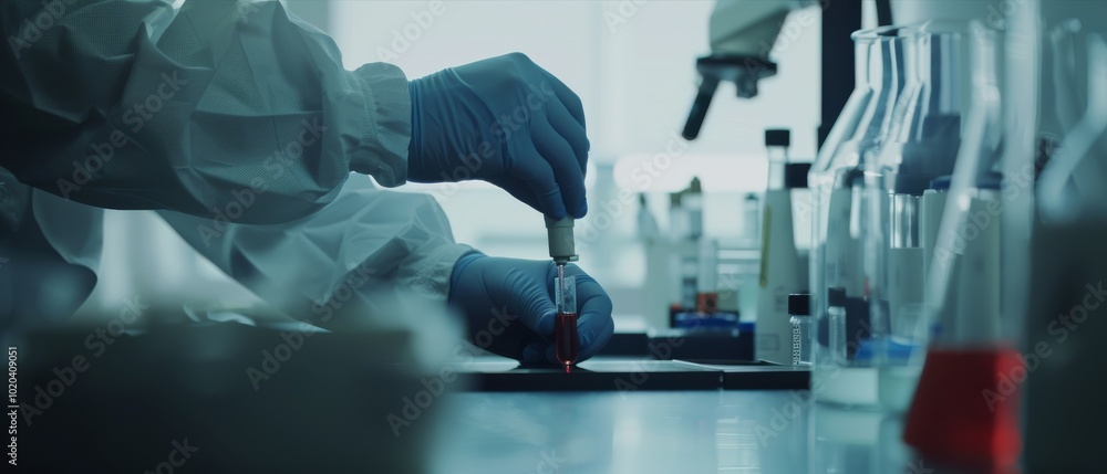 A scientist in gloves conducts a controlled experiment, skillfully adding substances to a sample, embodying the pursuit of scientific breakthroughs. A scientist in gloves conducts a controlled experiment, skillfully adding substances to a sample, embodying the pursuit of scientific breakthroughs.