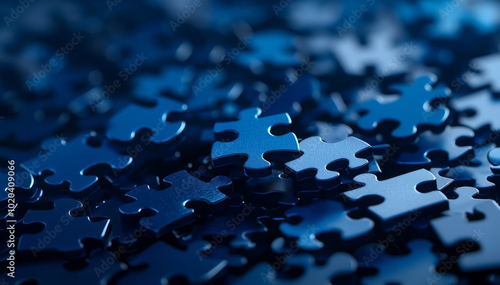 Close-up image of scattered blue puzzle pieces, showcasing their intricate shapes and textures against a blurred background. Close-up image of scattered blue puzzle pieces, showcasing their intricate shapes and textures against a blurred background.