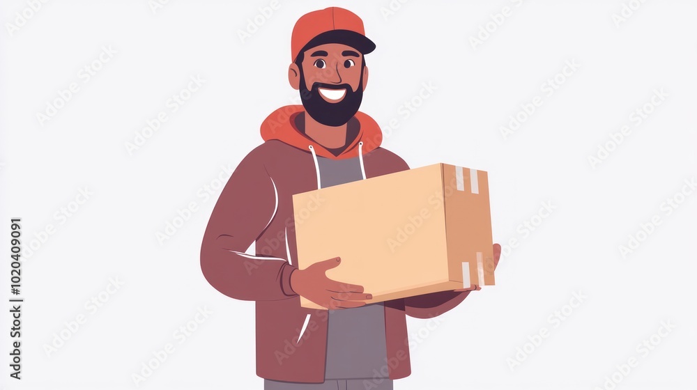 Handsome and smiling courier man wearing shirt and hat, holding cardboard box on white background concept of delivery service with practical fast and efficient delivery support Handsome and smiling courier man wearing shirt and hat, holding cardboard box on white background concept of delivery service with practical fast and efficient delivery support