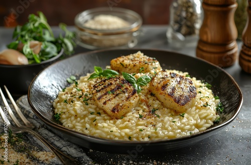 Grilled fish fillets served atop creamy risotto with herbs and spices, garnished with fresh greens.