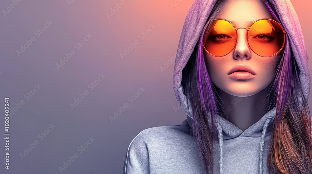 Close-Up Portrait of a Young Stylish Woman with Purple Hair, Sunglasses, and a Hoodie Close-Up Portrait of a Young Stylish Woman with Purple Hair, Sunglasses, and a Hoodie