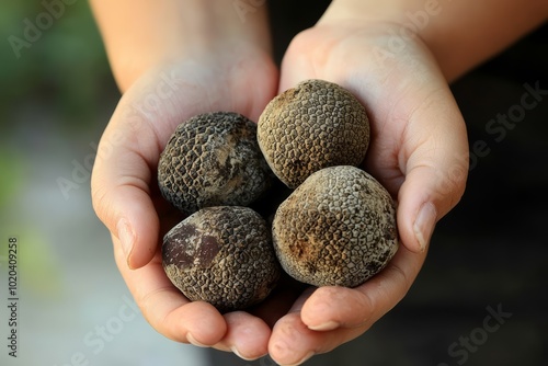 Hands holding four unique, textured seeds against a natural background. photo