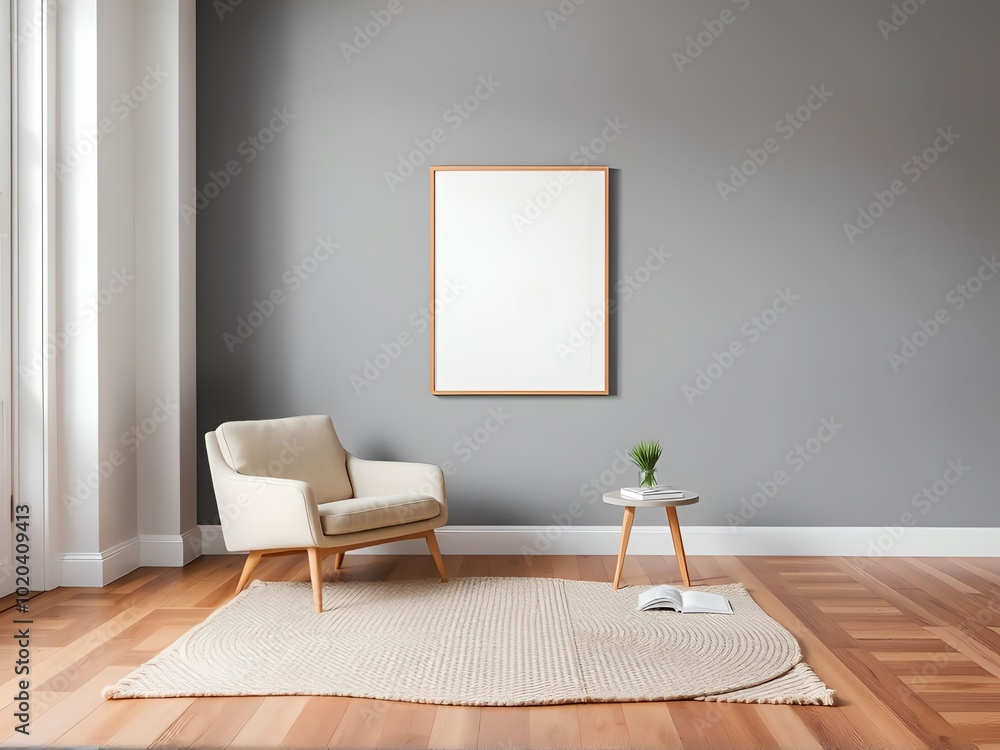 Minimalist room with a beige armchair, round table with a small plant, open book on a rug, and a blank framed canvas on a gray wall. Natural light from a tall window Minimalist room with a beige armchair, round table with a small plant, open book on a rug, and a blank framed canvas on a gray wall. Natural light from a tall window
