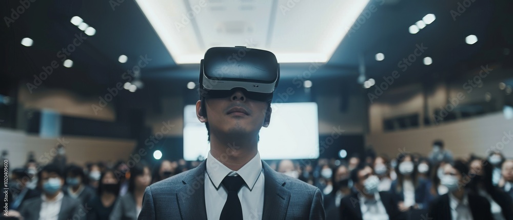 A person in formal attire experiences virtual reality, immersed in a futuristic exploration amidst a crowded setting. A person in formal attire experiences virtual reality, immersed in a futuristic exploration amidst a crowded setting.