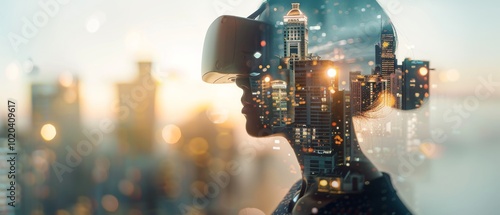 A face in a VR headset merges with skyscrapers, representing futuristic merging of reality with digital advances.