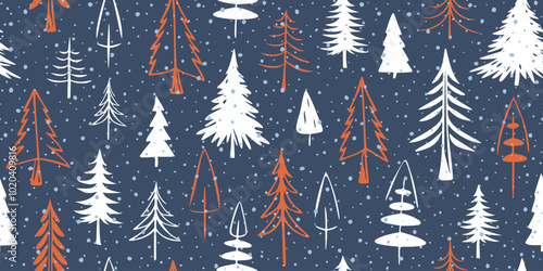 Minimalistic winter background, seamless pattern, Christmas trees, vector design