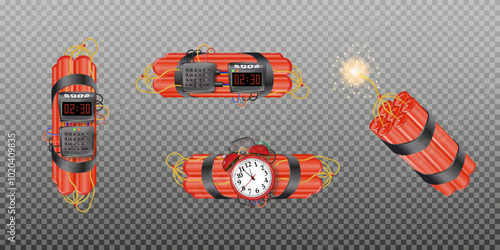 Realistic 3d bomb dynamite sticks with burning fuse. Vector