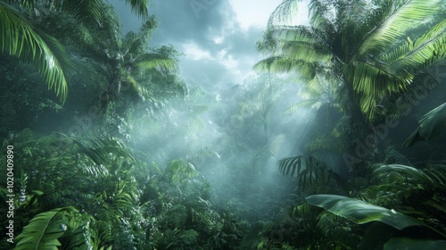 A Dense, Foggy Tropical Rainforest with Sunlight Filtering Through the Canopy