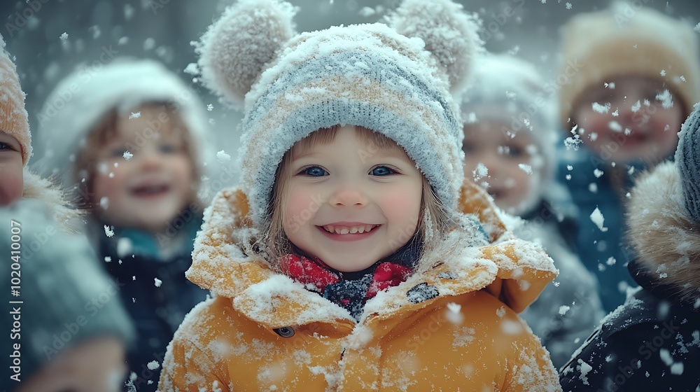 A group of happy children in winter wear playing in the snow. A group of happy children in winter wear playing in the snow.