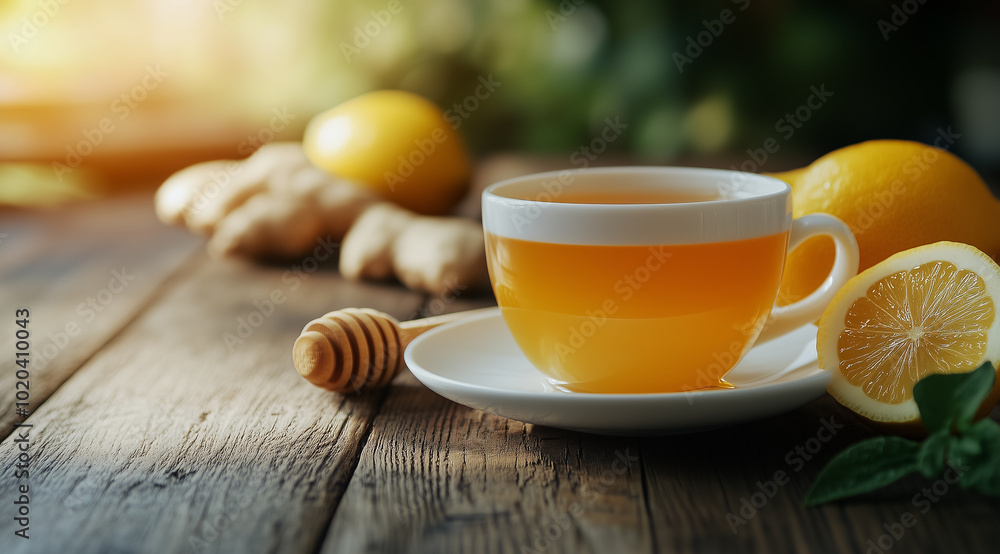 Cup of tea, lemon, ginger and honey sticks on wooden background with space for text, created with Generative AI technology Cup of tea, lemon, ginger and honey sticks on wooden background with space for text, created with Generative AI technology