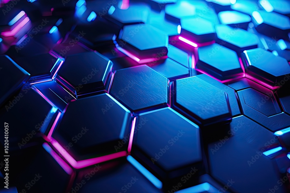 Abstract close-up of blue hexagonal shapes with metallic texture, creating a futuristic and high-tech pattern in dim lighting Abstract close-up of blue hexagonal shapes with metallic texture, creating a futuristic and high-tech pattern in dim lighting