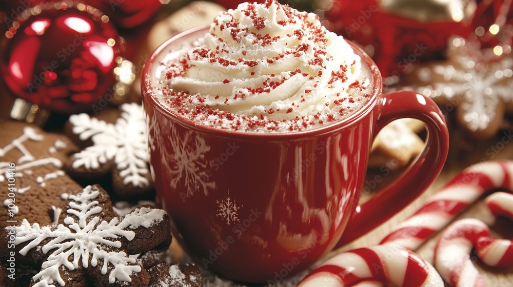 Steaming Mug of Hot Cocoa Topped with Whipped Cream Surrounded by Festive Christmas Cookies Shaped Like Stars, Snowflakes, and Candy Canes, Creating a Cozy Holiday Atmosphere Steaming Mug of Hot Cocoa Topped with Whipped Cream Surrounded by Festive Christmas Cookies Shaped Like Stars, Snowflakes, and Candy Canes, Creating a Cozy Holiday Atmosphere