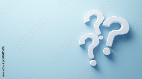 Three white question marks on a light blue background, symbolizing inquiry, curiosity, and uncertainty in a modern design.